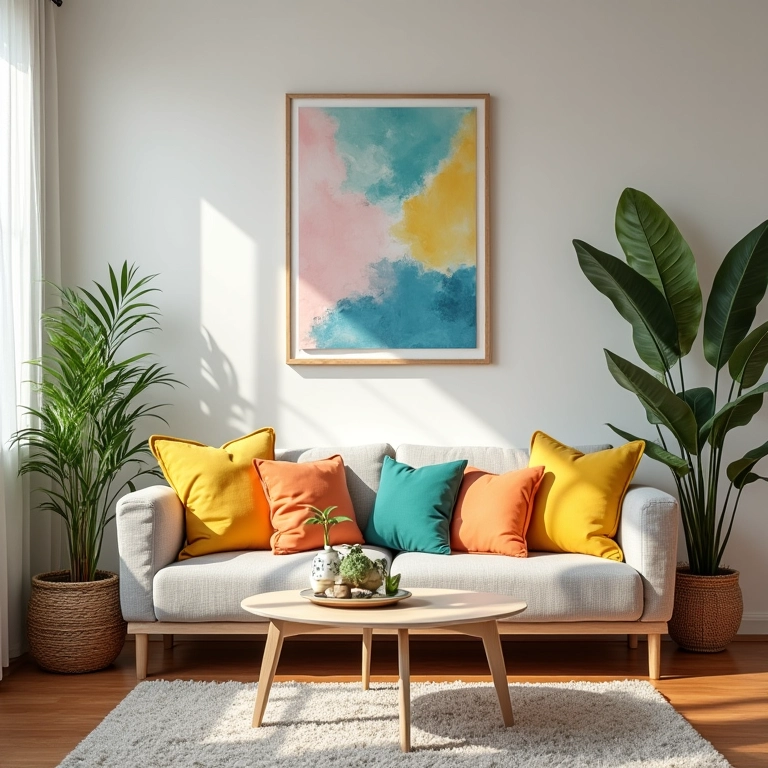 Sala de estar decorada sem furos, com quadros e plantas, em apartamento alugado.