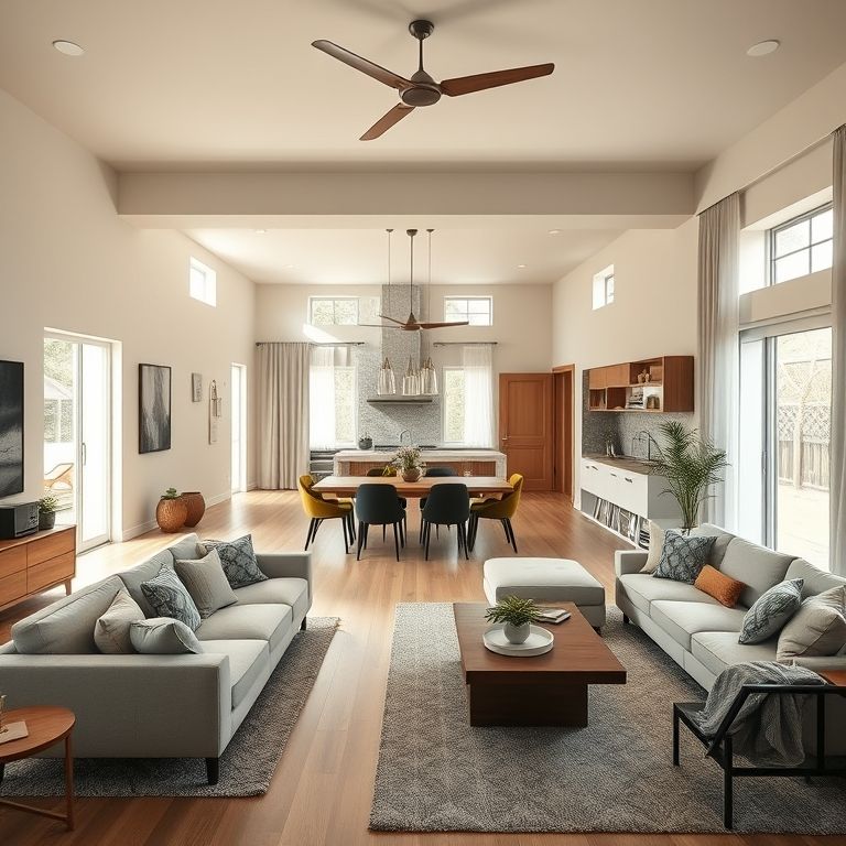 Sala de estar e jantar integradas com design brasileiro, iluminação natural e cores aconchegantes.