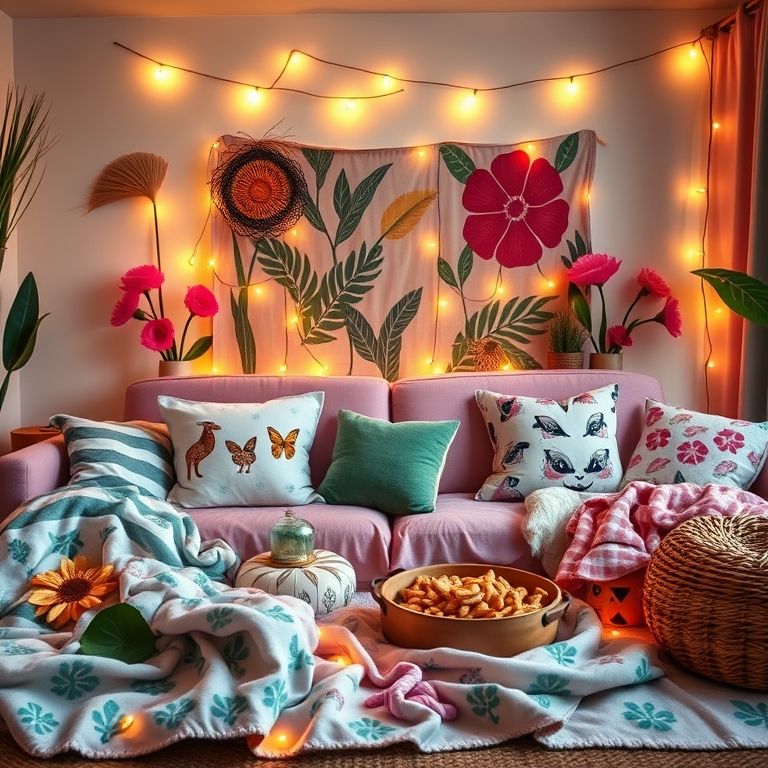 Sala decorada para festa do pijama com luzes e petiscos.