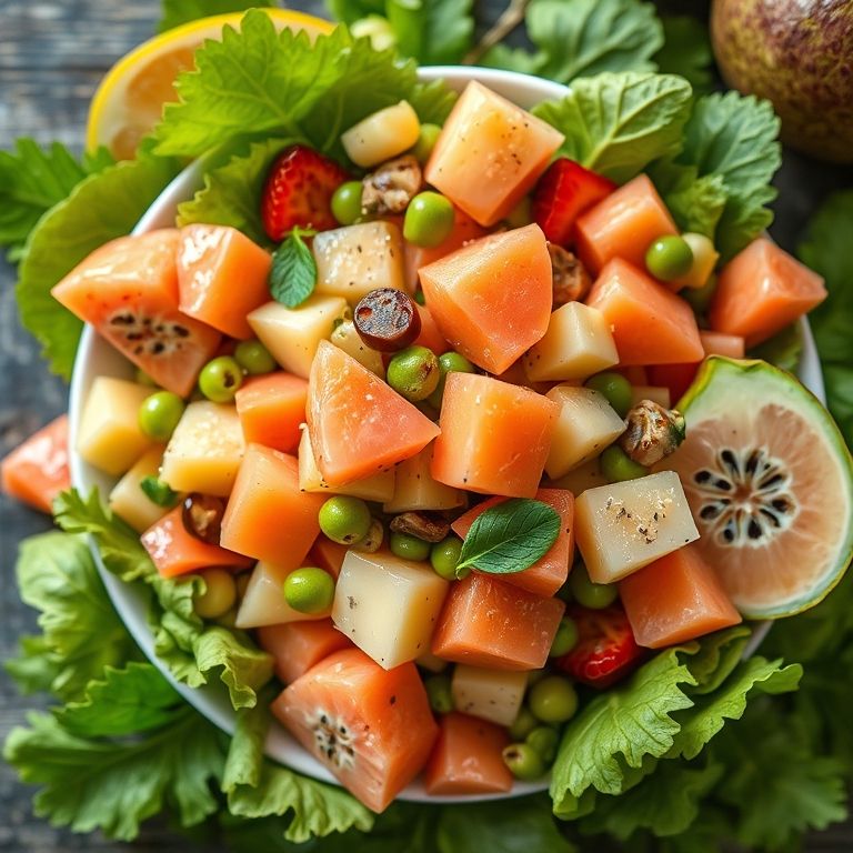 Salada colorida e saudável com goiaba, graviola e grumixama.