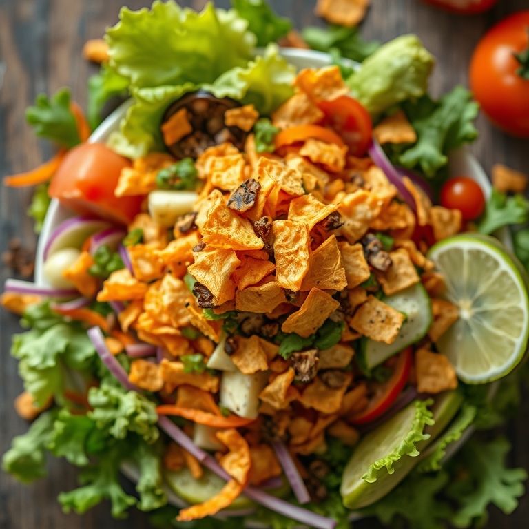 Salada com chips de legumes desidratados.