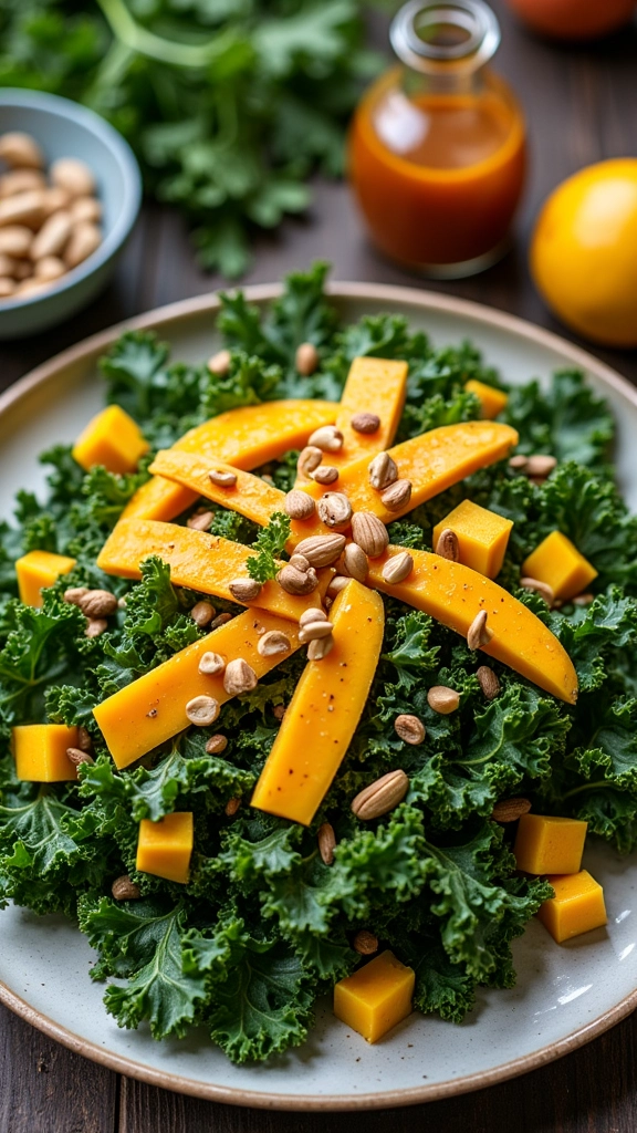 Salada de couve com manga e castanhas.