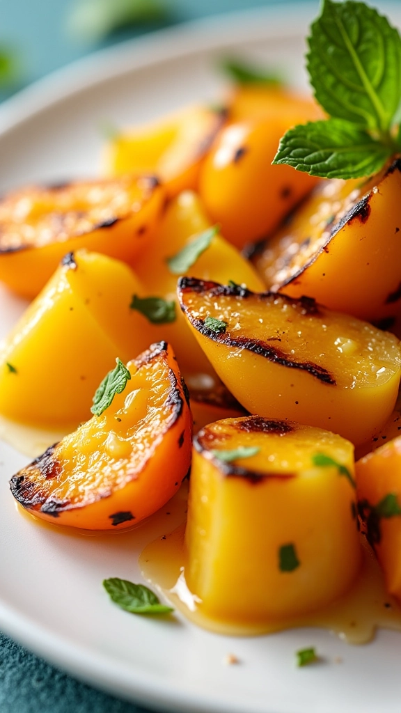 Salada de frutas grelhadas com mel e hortelã.