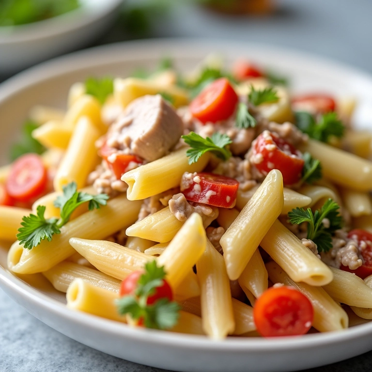 Salada de macarrão com atum e legumes frescos, pronta para servir.