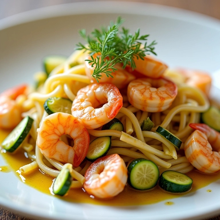 Salada de macarrão com camarão e abobrinha, leve e refrescante.