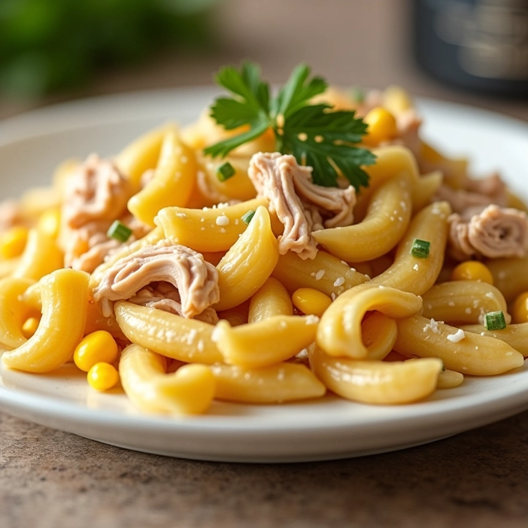 Salada de macarrão com frango desfiado e milho, um clássico brasileiro.