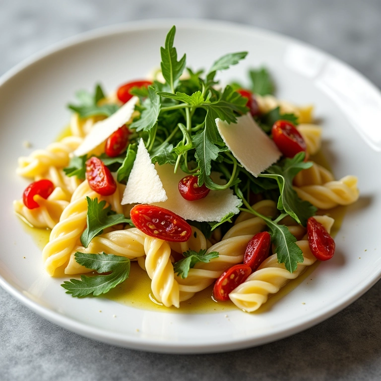 Salada de macarrão com tomate seco, rúcula e parmesão, elegante e saborosa.