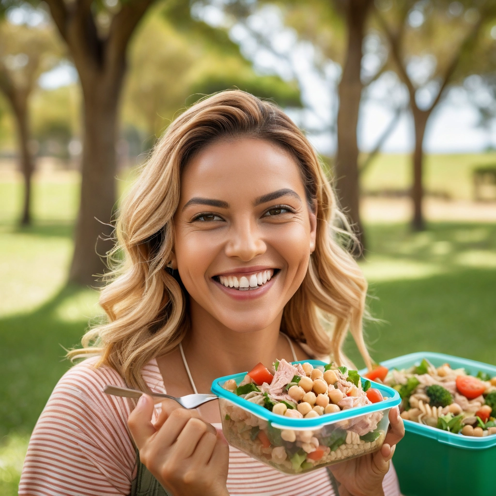 Salada de macarrão integral com atum e grão de bico.