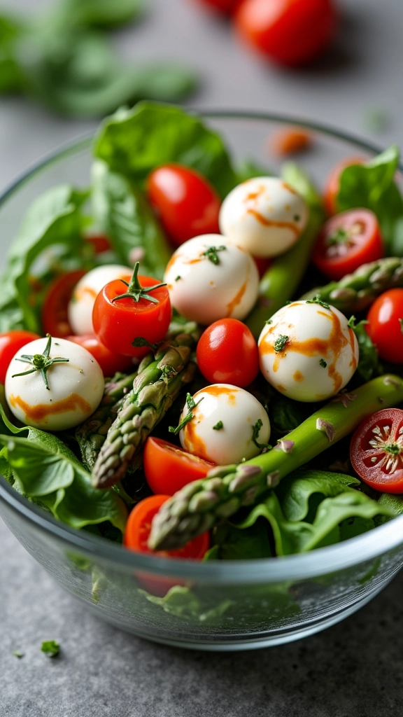 Salada fresca de aspargos com tomate cereja e mussarela de búfala.