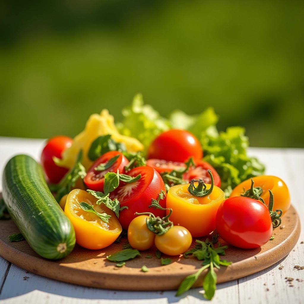 Salada fresca de verão com pepino, tomate e pimentão.