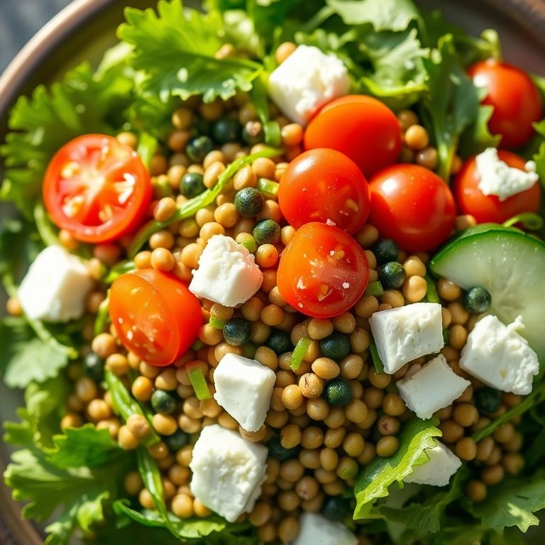 Salada nutritiva de lentilha verde com tomate cereja, pepino e queijo feta.