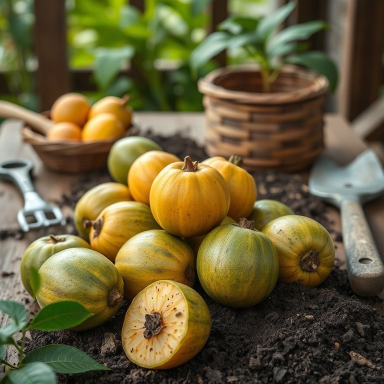 Salak com ferramentas de jardinagem em mesa rústica.