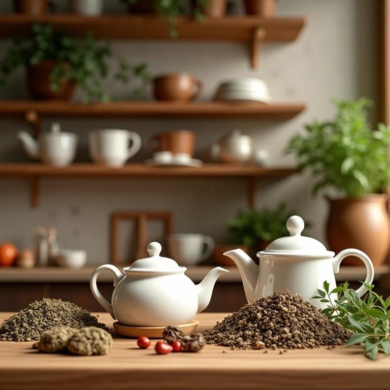 Seleção de ervas e bules para chás seguros para bebês em uma cozinha aconchegante.