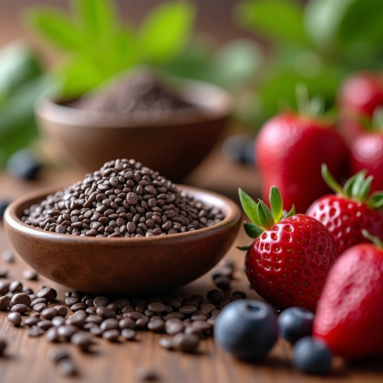 Sementes de chia, frutas vermelhas e cápsulas de ômega-3.