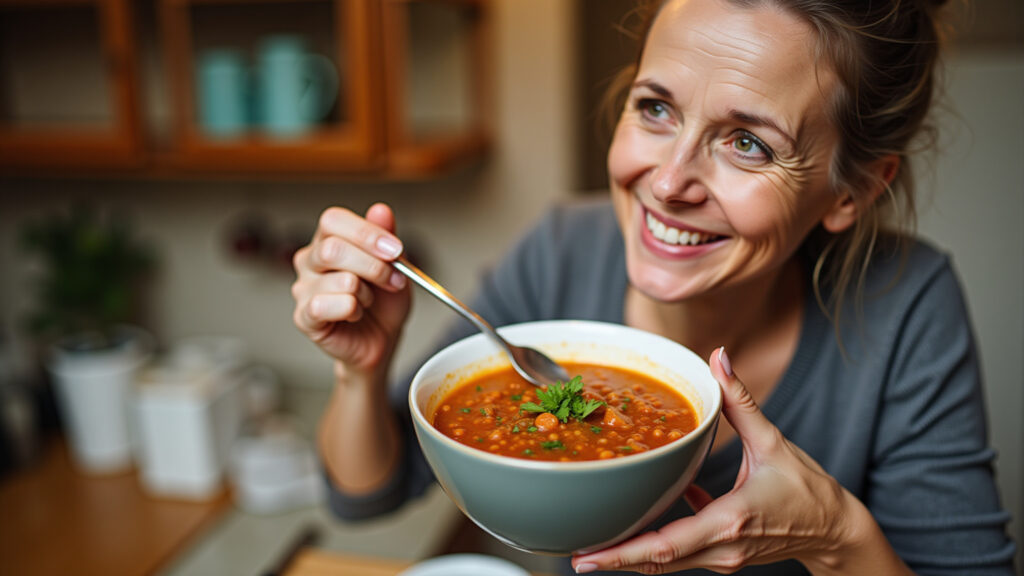 Senior woman eating lentil soup, warm lighting, cozy kitchen, happy expression, 8k, professional Idosa saboreando sopa de lentilha.
