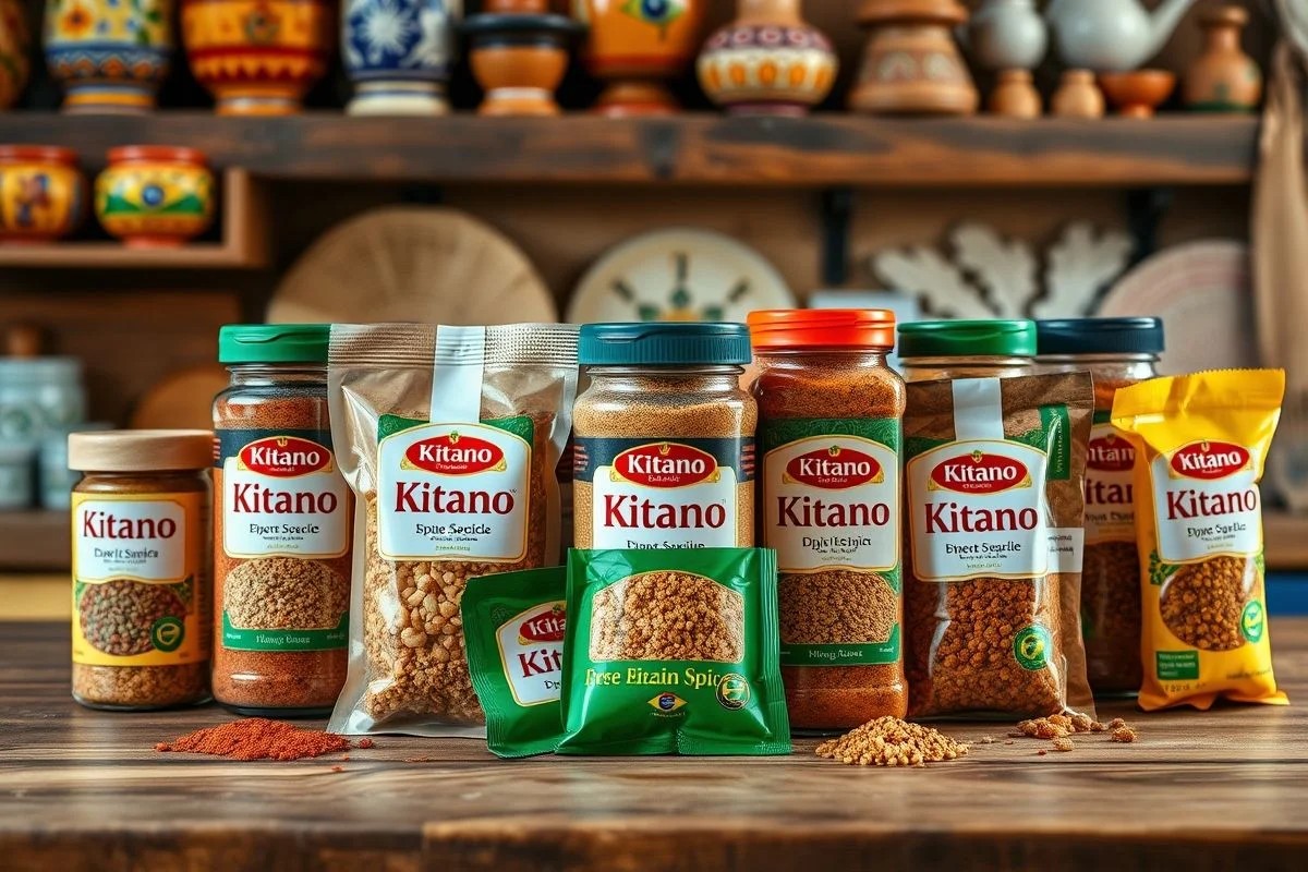 Potes e embalagens de tempero Kitano em bancada de cozinha, variedade de especiarias.