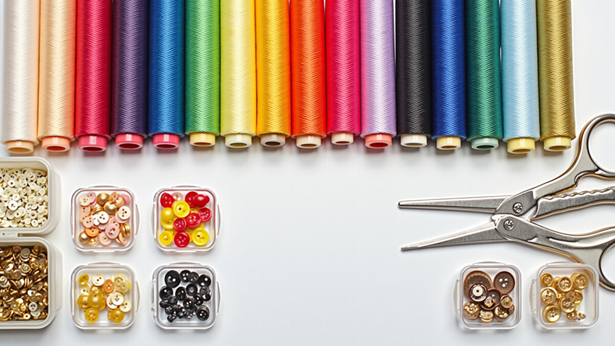 Materiais de costura separados e categorizados.