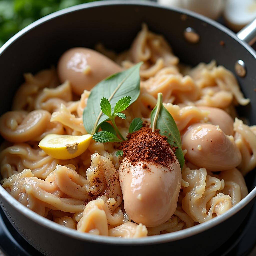Shredded chicken cooking process, natural spices, garlic, onion, bay leaf, fresh herbs, pot on Frango cozido com temperos naturais: alho, cebola, louro e ervas frescas.