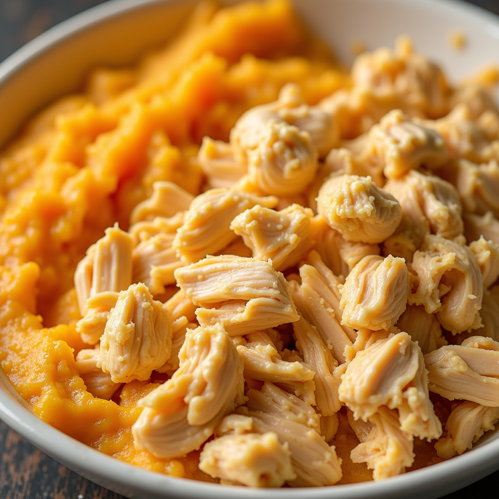 Shredded chicken, creamy cheese, pumpkin puree, mixed, creamy texture, delicious, vibrant colors, Receita de frango cozido desfiado com purê de abóbora e requeijão cremoso.