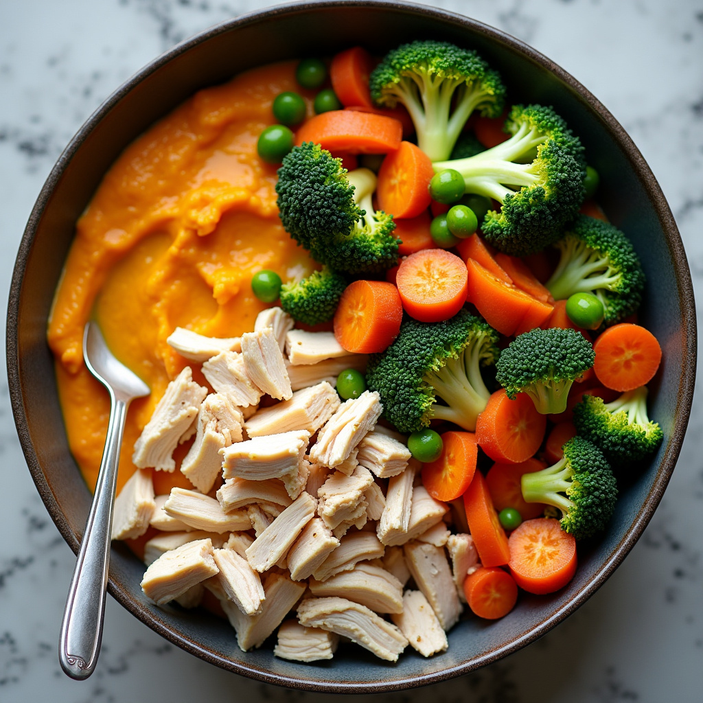 Shredded chicken, pumpkin puree, steamed vegetables, broccoli, carrots, peas, healthy, vibrant Frango cozido desfiado com purê de abóbora e legumes: uma refeição completa e equilibrada.