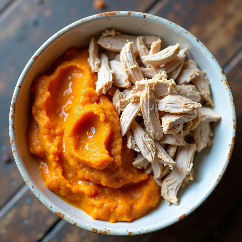 Shredded chicken, pumpkin puree, sweet potato puree, mixed, vibrant colors, healthy, rustic bowl, Frango cozido desfiado com purê de abóbora e batata doce: um toque adocicado especial.
