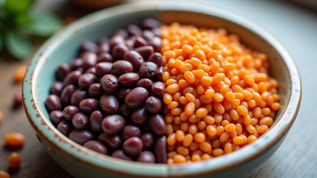 Side-by-side comparison of lentils and beans in bowls, showcasing their textures and colors, Comparativo entre lentilha e feijão em tigelas.