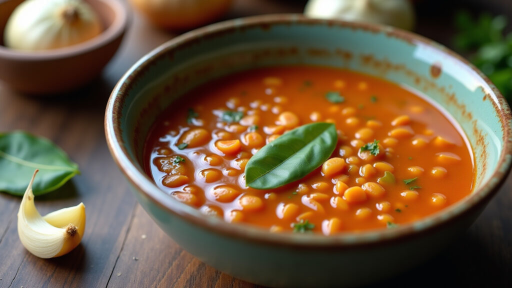 Simple lentil soup in pressure cooker, bay leaf, onion, garlic, rustic bowl, natural light, 8k, Lentilha simples na panela de pressão.
