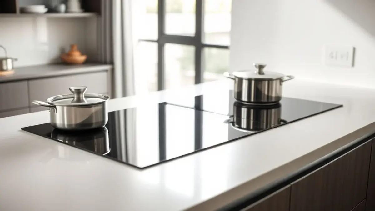 Cooktop elétrico preto em cozinha moderna com design minimalista.