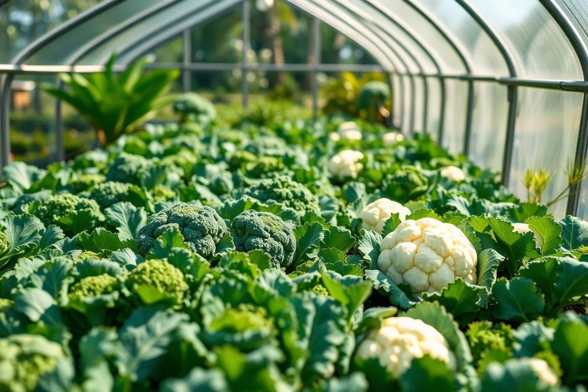 Estufa pequena com vegetais de inverno crescendo no Brasil.