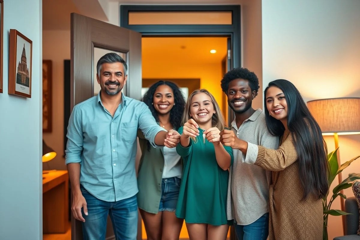 Família brasileira sorrindo ao receber as chaves do novo apartamento. Sonho da casa própria no Brasil.