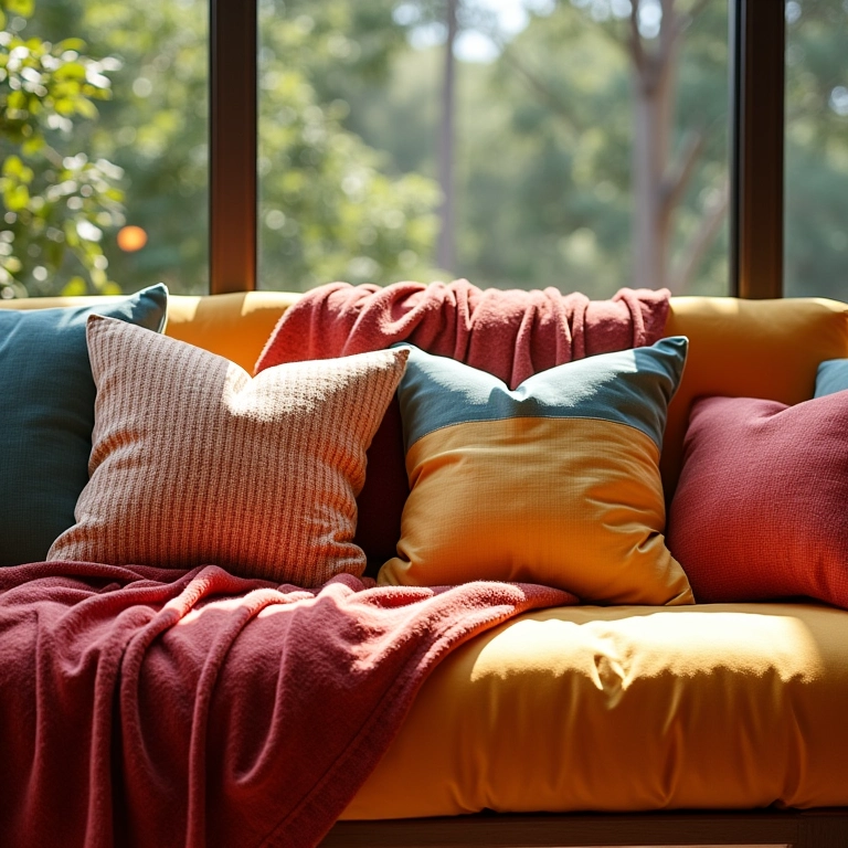 Sofá confortável com almofadas coloridas e mantas aconchegantes.