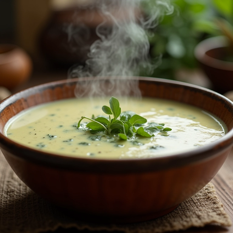 Sopa creme de agrião com batata em tigela rústica.