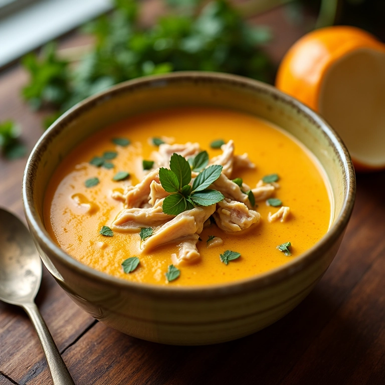 Sopa creme de mandioquinha com frango desfiado em uma tigela aconchegante.