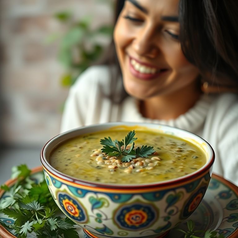 Sopa cremosa de lentilha verde servida em um bowl colorido.