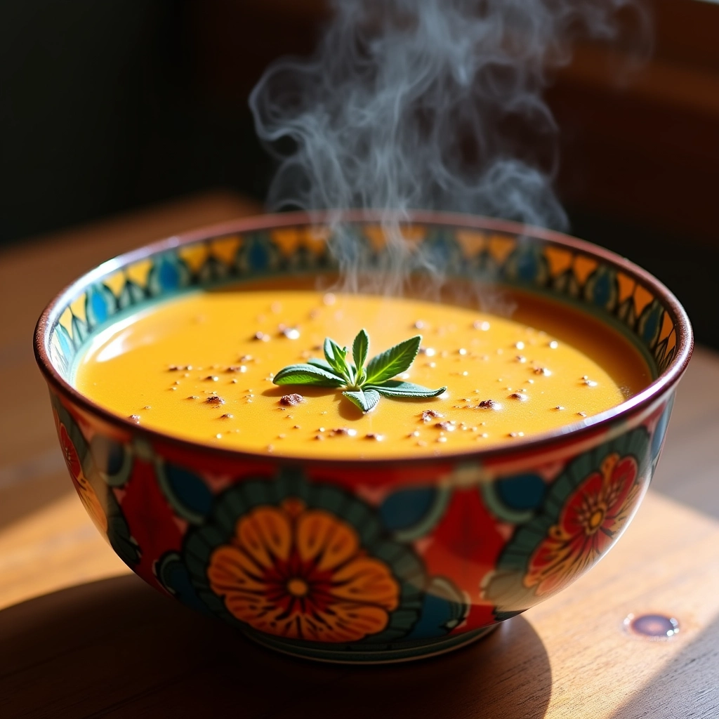 Sopa cremosa de nabo servida em tigela colorida, com ambiente aconchegante.