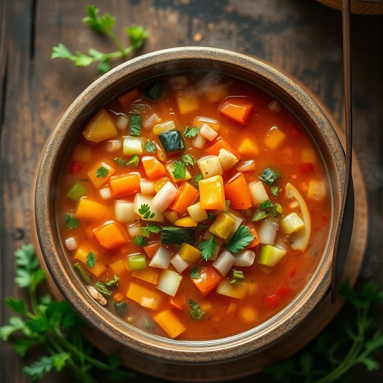 Sopa de legumes caseira e nutritiva em uma tigela rústica.