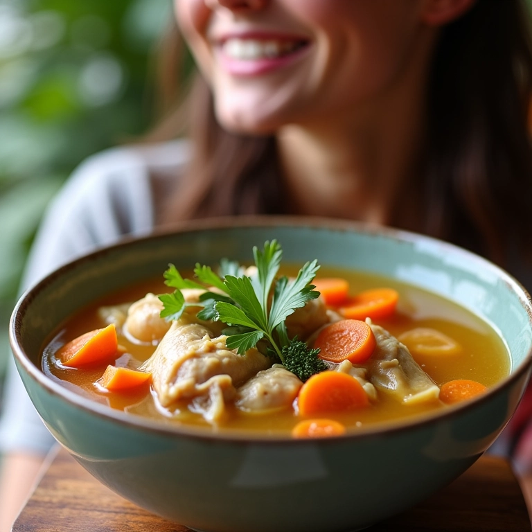 Sopa de legumes com frango em uma tigela com uma mulher sorrindo ao fundo.