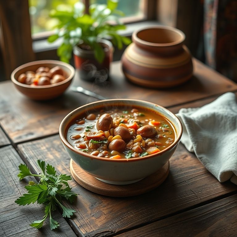 Sopa de lentilha com calabresa fumegante em tigela rústica.