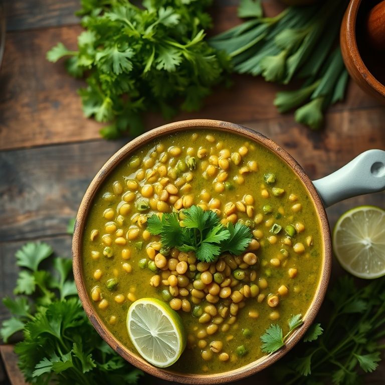 Sopa de lentilha verde vibrante em uma cozinha rústica brasileira.