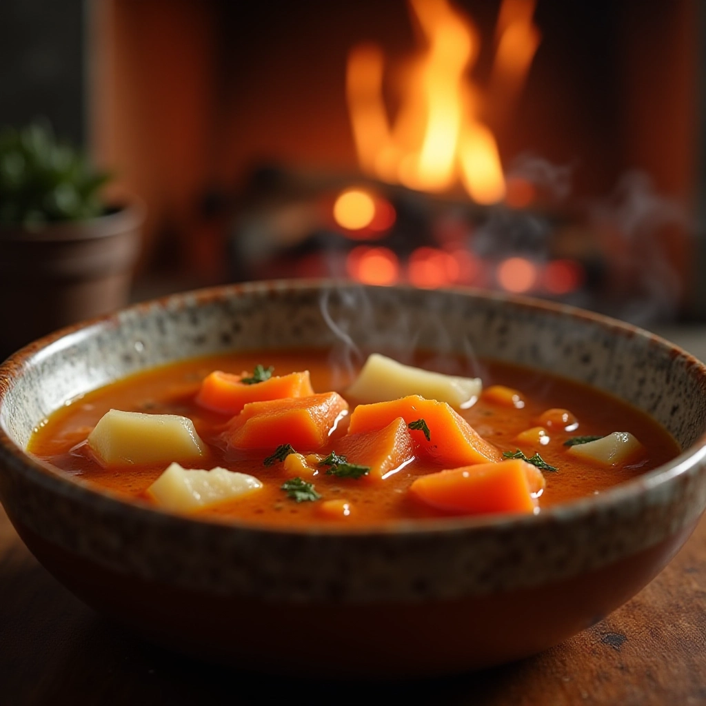 Sopa quente de legumes de inverno em tigela rústica.