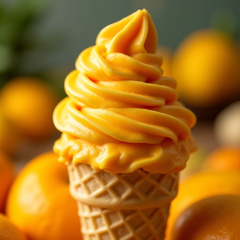 Sorvete cremoso de mangaba sendo servido, transbordando a casquinha.