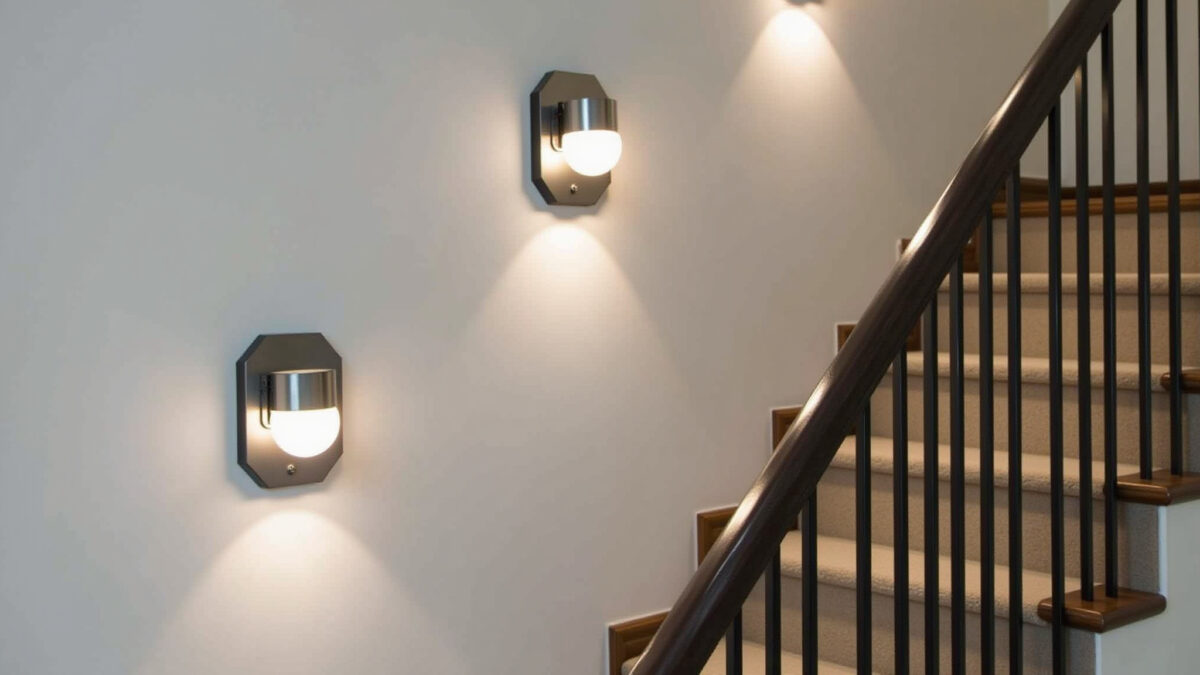 Staircase with wall sconces, modern design, safe, professional photography, 8K, sharp focus. Escada com arandelas embutidas e design moderno.
