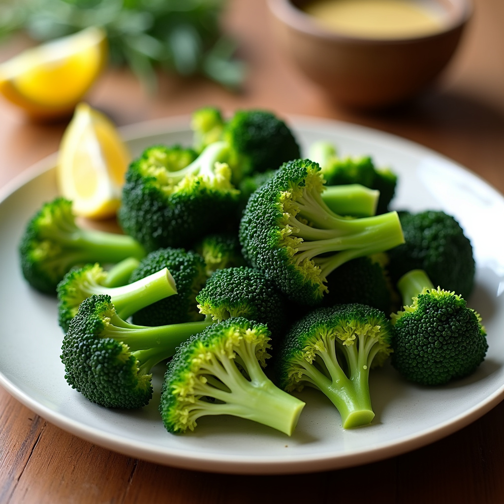 Steamed broccoli florets, vibrant green, natural lighting, plate on a wooden table, lemon wedge, Brócolis cozido no vapor, um escudo protetor contra inflamação.