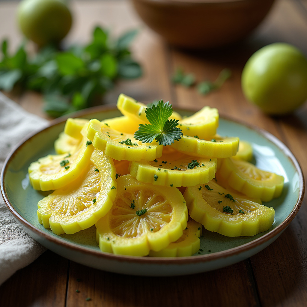 Steamed chayote squash, light green, natural lighting, plate on a wooden table, herbs, professional Chuchu cozido, leve e de fácil digestão para quem tem gastrite.