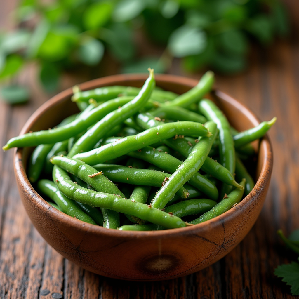 Steamed green beans, vibrant green, natural lighting, bowl on a wooden table, herbs, professional Vagem cozida, rica em fibras, para um intestino saudável.
