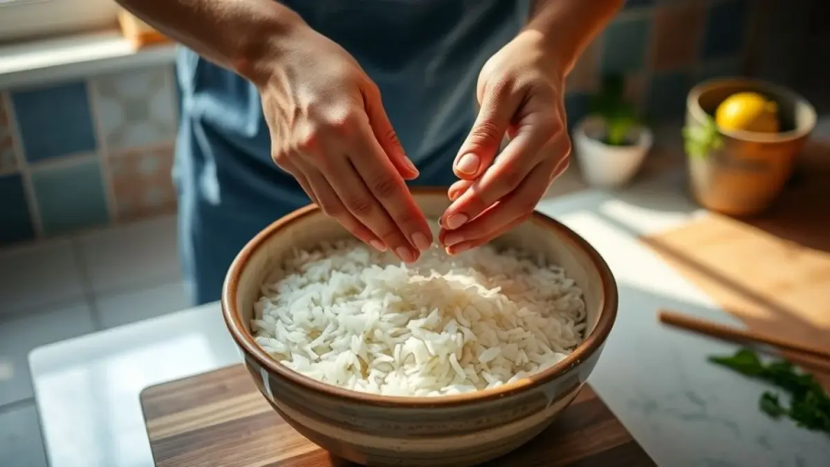 Mãos enxaguando arroz em tigela de cerâmica para preparar água de arroz.