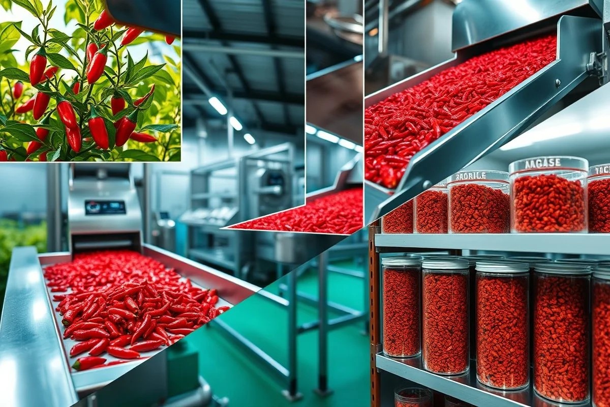 Processo de produção da pimenta calabresa: colheita, seleção, secagem e trituração.