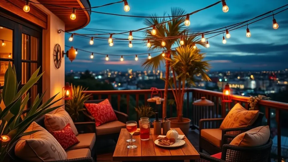 String lights illuminating a small Brazilian gourmet balcony at dusk, warm ambient light, Varanda gourmet pequena iluminada com luzes aconchegantes, criando um ambiente convidativo.