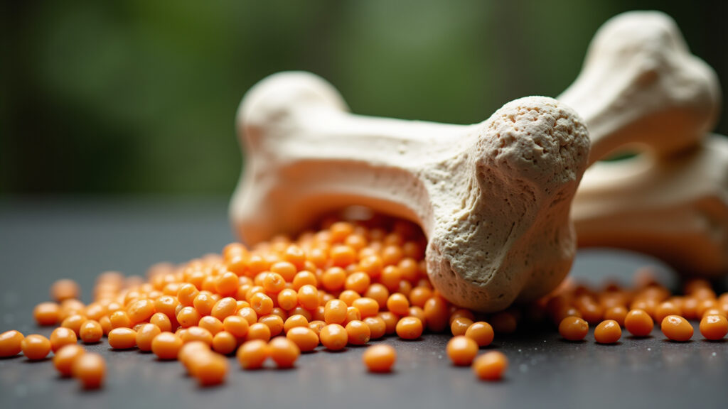 Strong bones with lentils around it, calcium and phosphorus, natural light, 8K, sharp focus, Ossos fortes com lentilha ao redor.