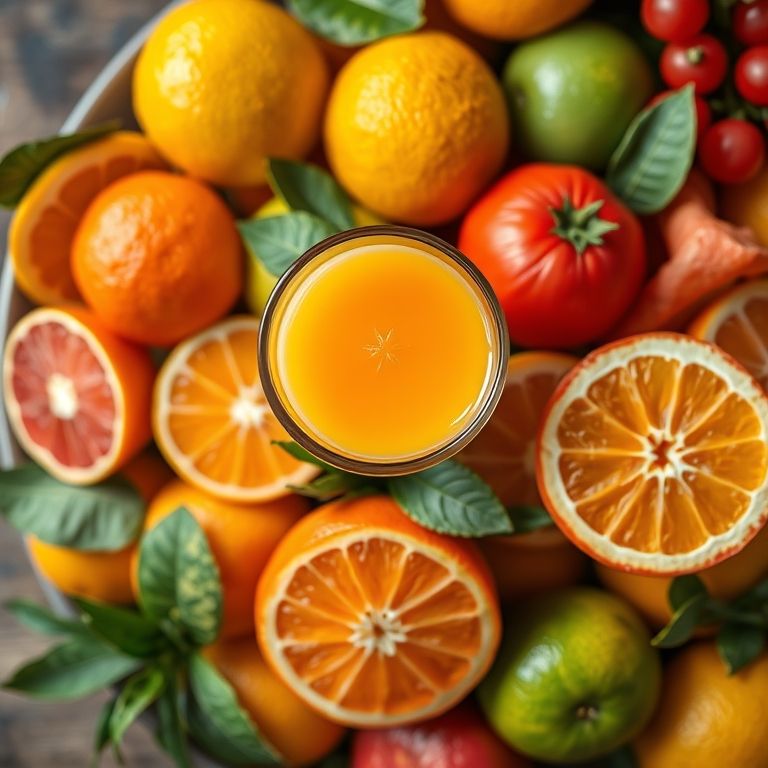 Suco de Laranja Moro combinado com outras frutas em uma mesa colorida.